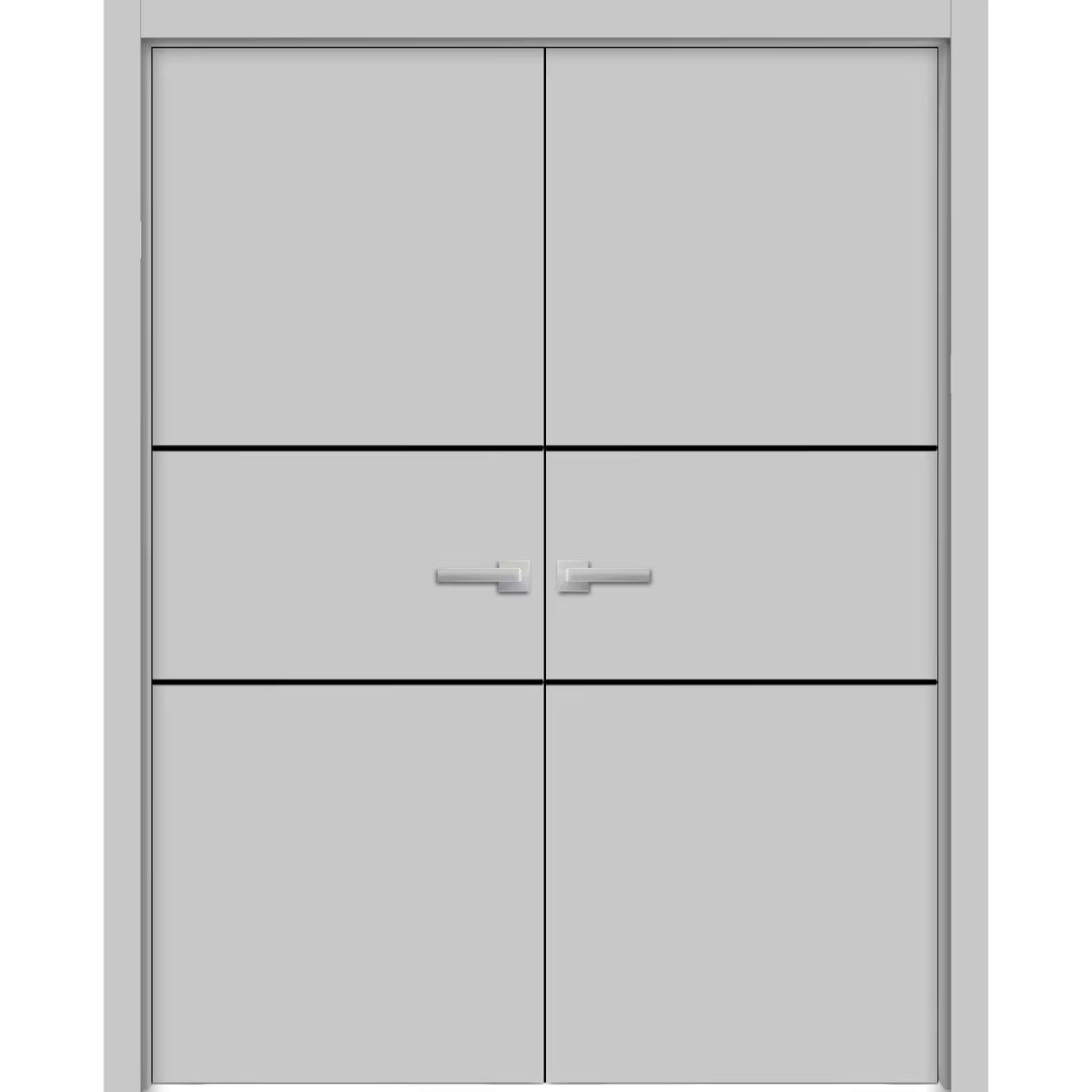 Solid French Double Doors 64 x 84 inches Grey Ash with Frosted Glass Wood Solid Panel Frame Trims U738