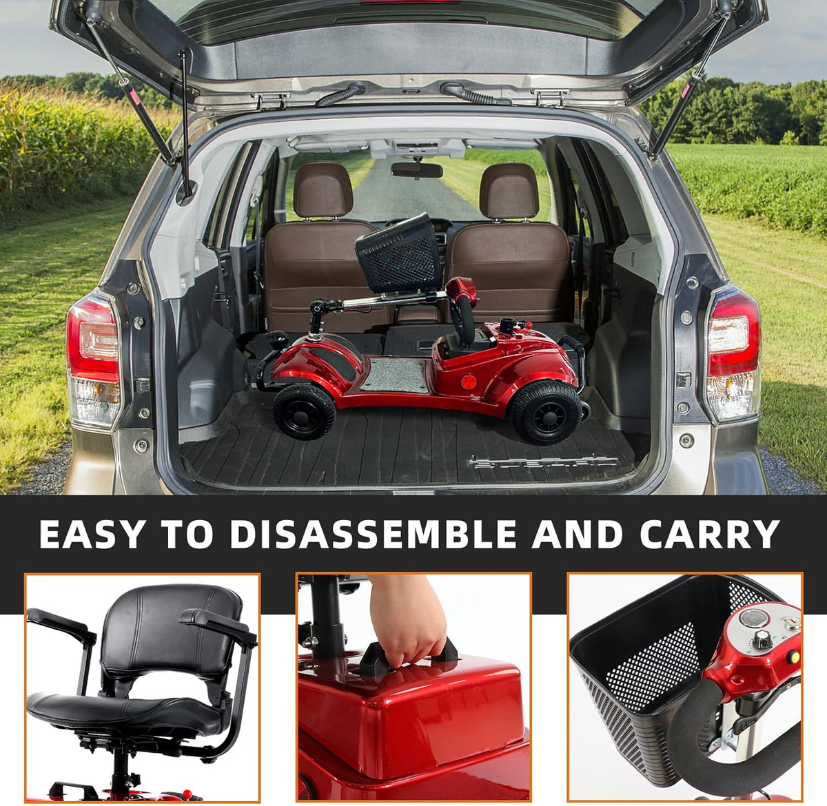 Red Foldable 4 Wheel Mobility Scooter with Basket and Light M900934
