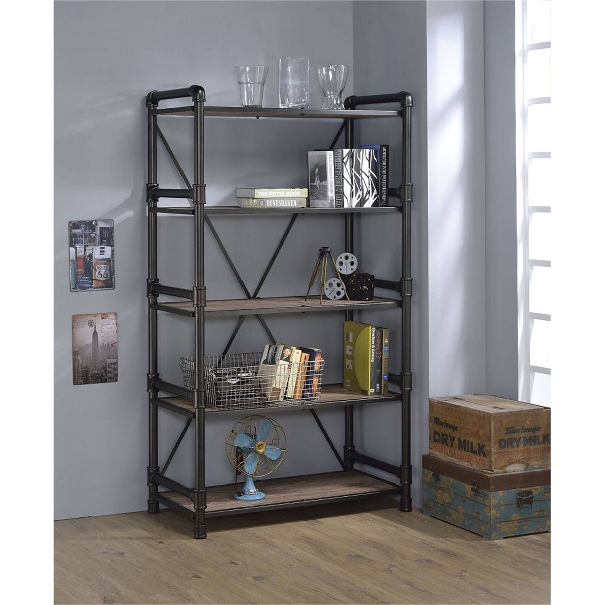 Rustic Oak & Black Bookshelf L36503