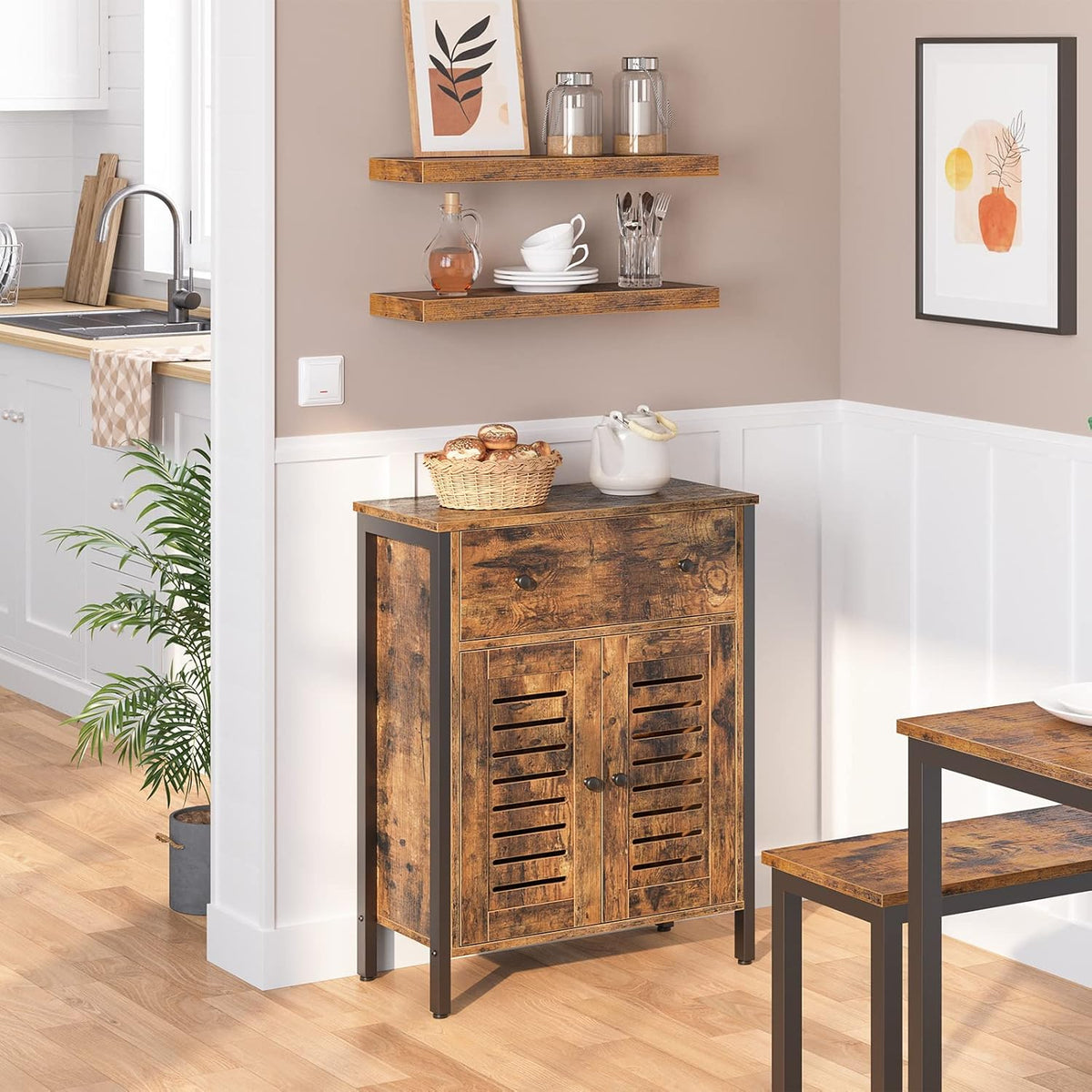 Rustic Brown Kitchen Sideboard Floor Storage Cabinet with Drawers and Height-Adjustable Shelves Q8594