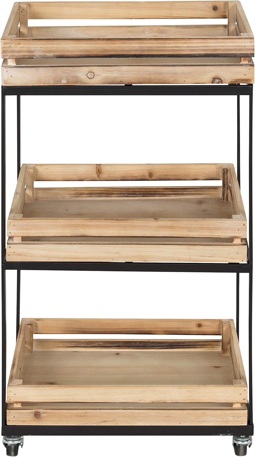 Natural Wood 3 Tiered Rolling Storage Cart with Black Metal Frame P907