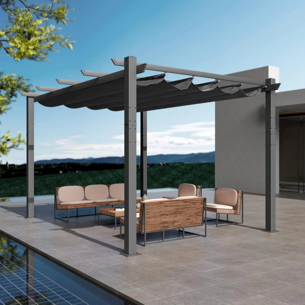 Extra-Large Gray Aluminum Frame Pergola with Sunshade Canopy 10' x 13' P799446