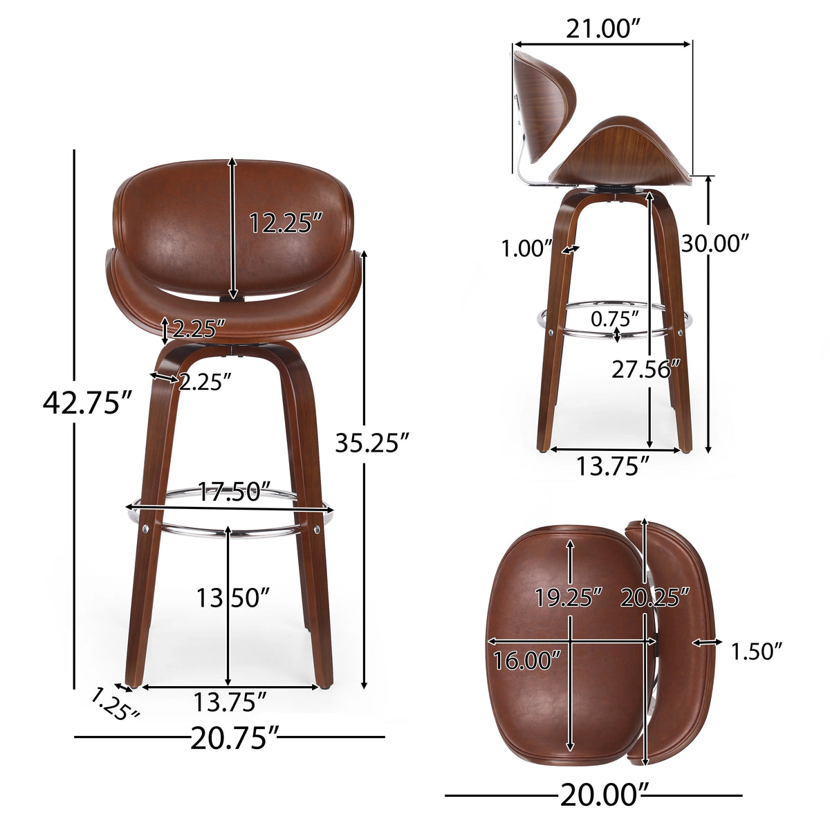 Cognac Brown Walnut Upholstered Swivel Barstool O230