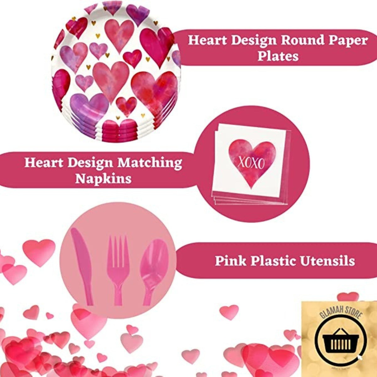 Round Paper Plates with Napkins and Pink Plastic Utensils Disposable Tableware Set of 3 L6455