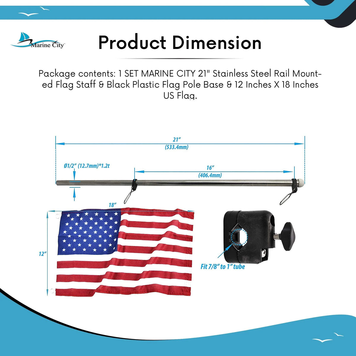21 inch Stainless Steel Rail Mounted Flag Staff with Black Plastic Flag Pole Base and 12 X 18 inches US Flag O62616