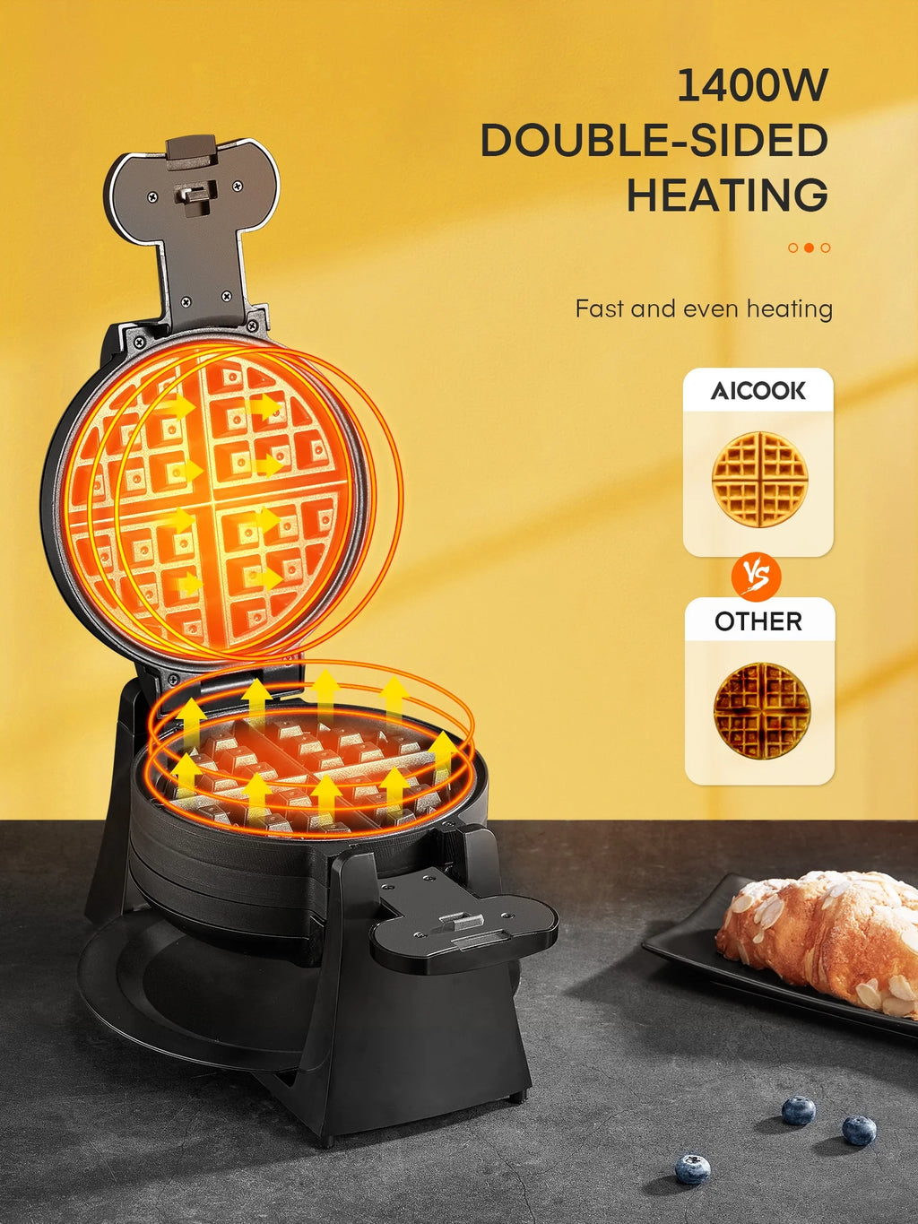 Double Belgian Waffle Maker 180° Flip 1400W Nonstick Black F527