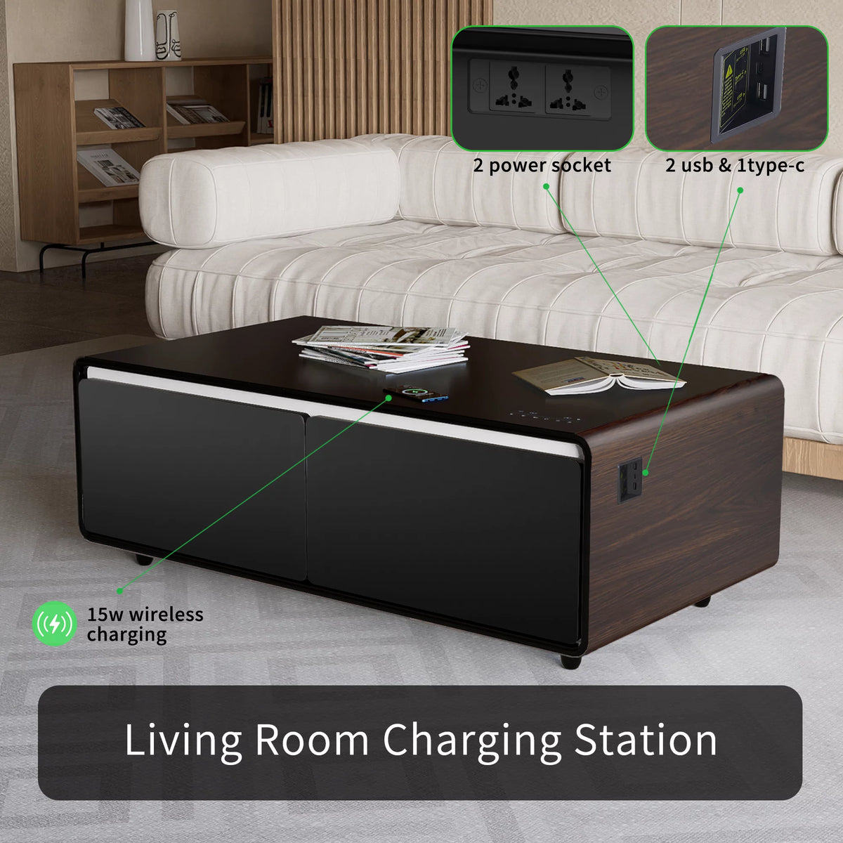 Brown Smart Coffee Table with Built-in Fridge X27204