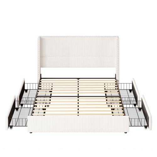 King Size White Corduroy Upholstered Platform Bed Frame with 4 Storage Drawers X574