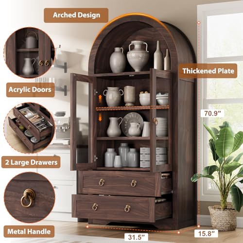 Brown Arched Bookshelf Pantry Storage Cabinet with Drawers Doors and Shelves Z837