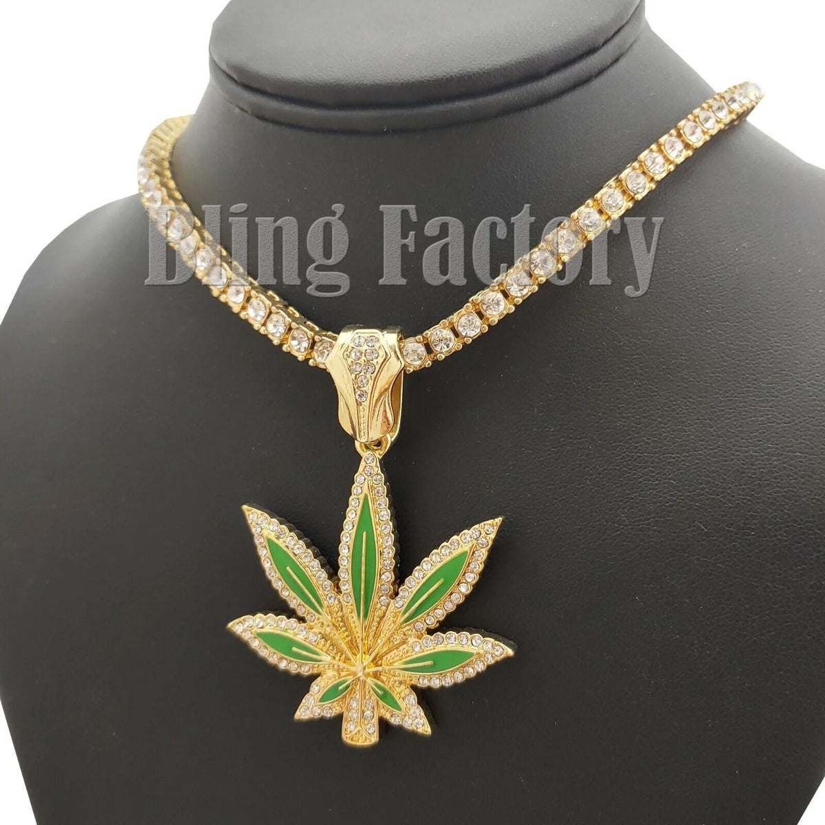 Iced Marijuana Leaf Pendant & 16" 18" 20" Iced Tennis Chain Necklace C57450