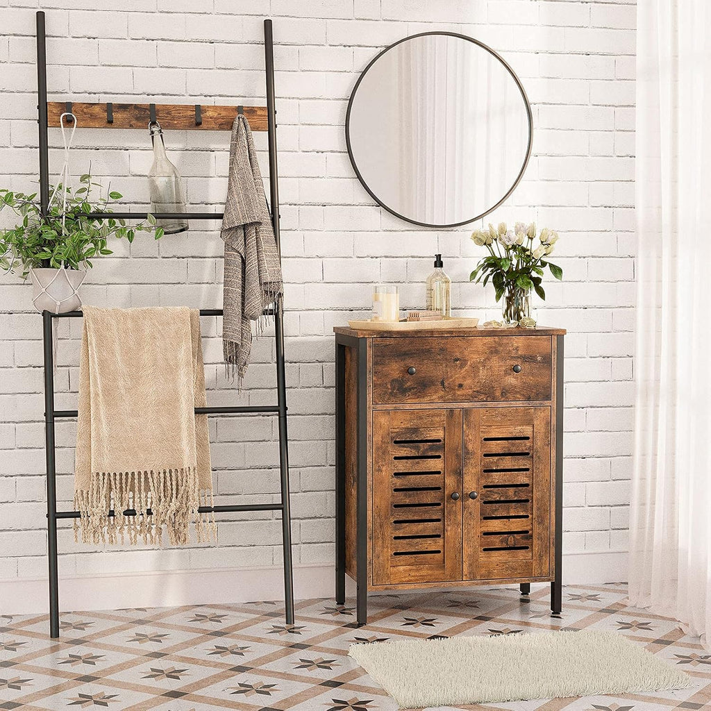 Rustic Brown Kitchen Sideboard Floor Storage Cabinet with Drawers and Height-Adjustable Shelves Q8594
