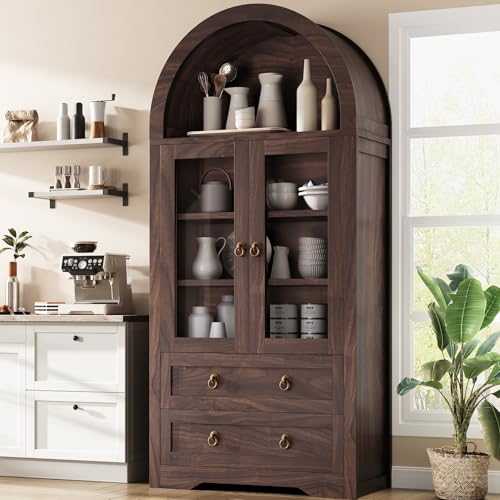 Brown Arched Bookshelf Pantry Storage Cabinet with Drawers Doors and Shelves Z837