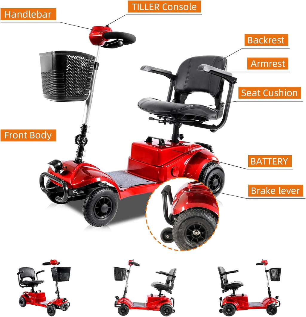 Red Foldable 4 Wheel Mobility Scooter with Basket and Light M900934