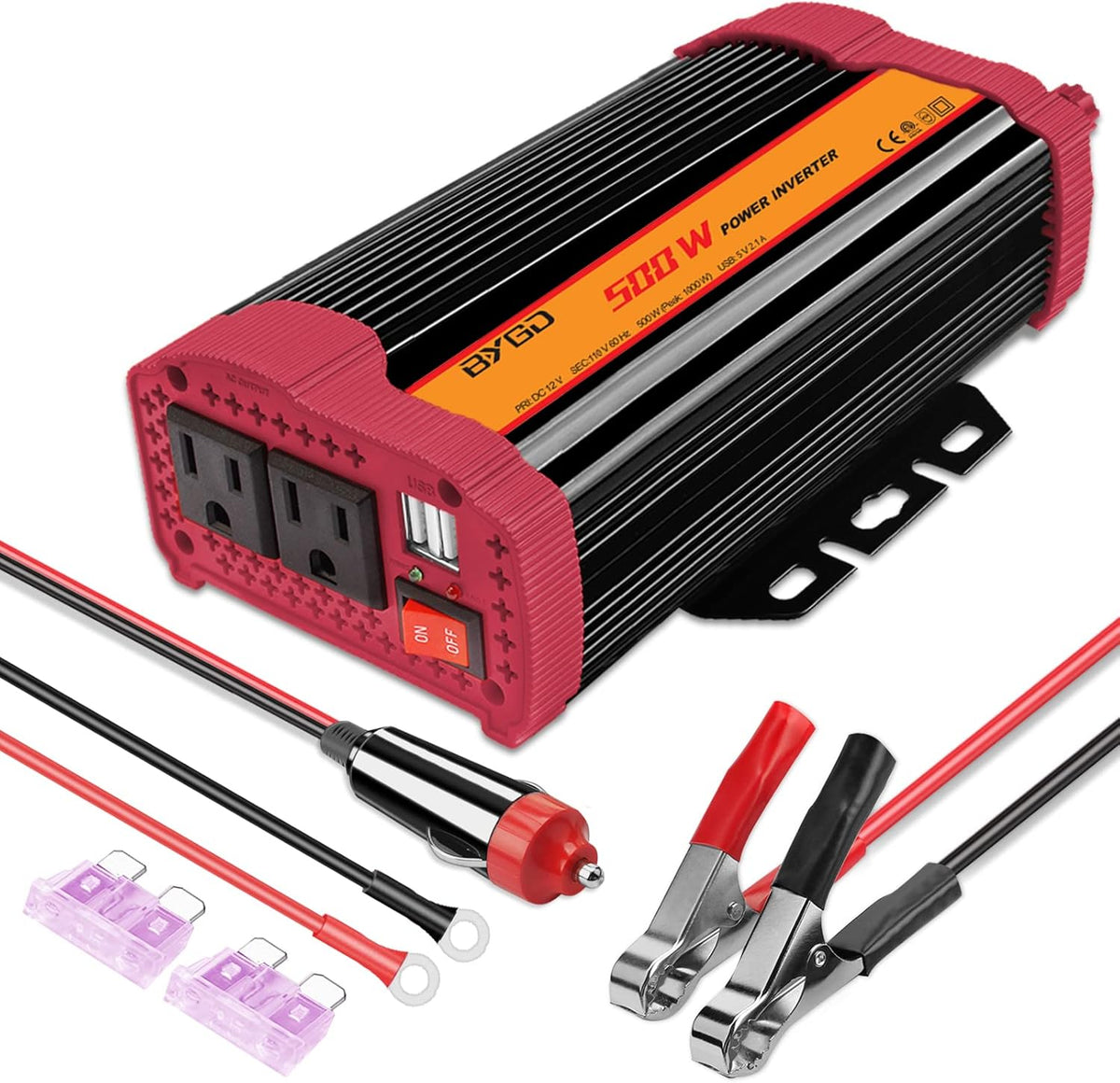 500W Power Inverter 12V to 110V DC to AC Converter, Black and Red, Pack of 2 R7512
