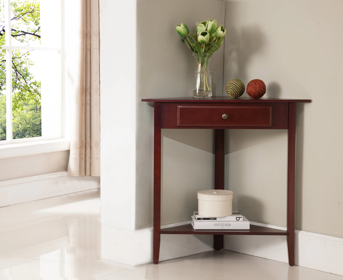 Walnut Wood Corner Side Table with Storage Drawer & Shelf I43043