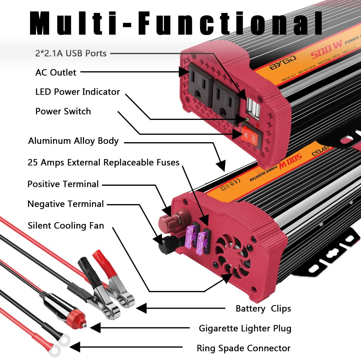 500W Power Inverter 12V to 110V DC to AC Converter, Black and Red, Pack of 2 R7512