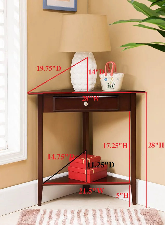Walnut Wood Corner Side Table with Storage Drawer & Shelf I43043