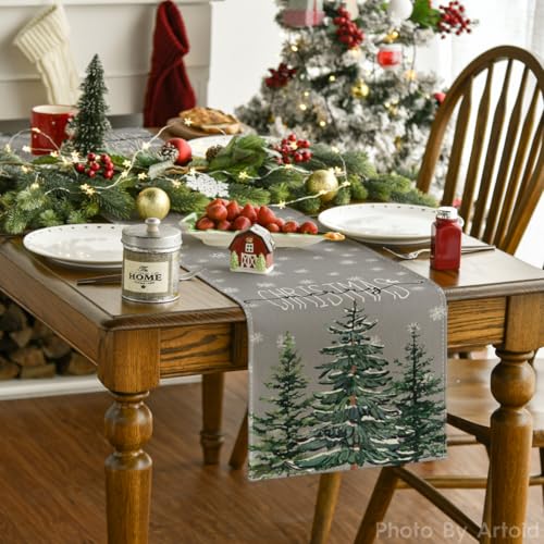 Beige Pine Tree Snowflake Merry Christmas Table Runner 13 x 72 Inch G268