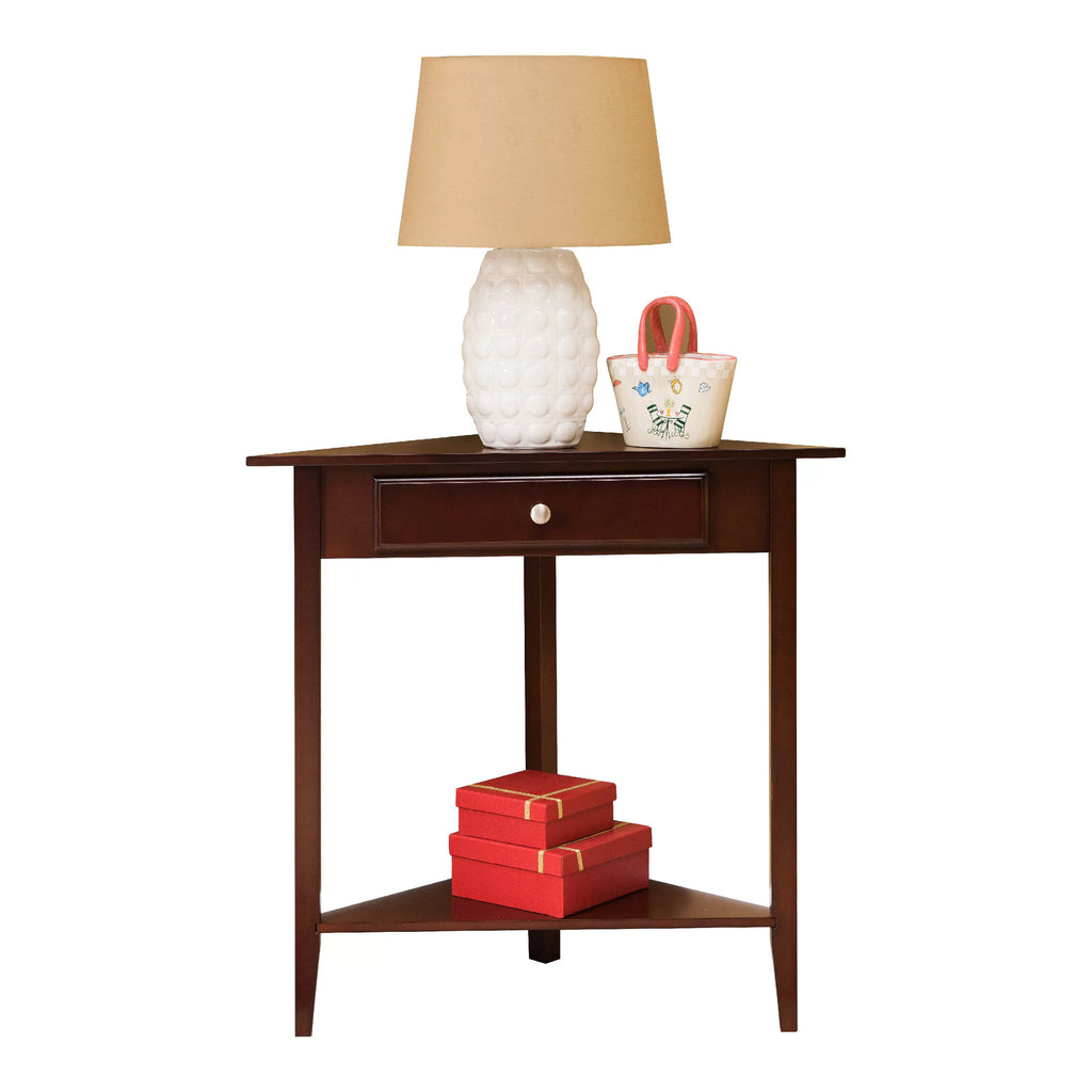 Walnut Wood Corner Side Table with Storage Drawer & Shelf I43043