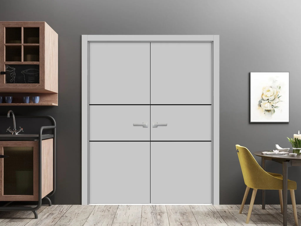 Solid French Double Doors 64 x 84 inches Grey Ash with Frosted Glass Wood Solid Panel Frame Trims U738