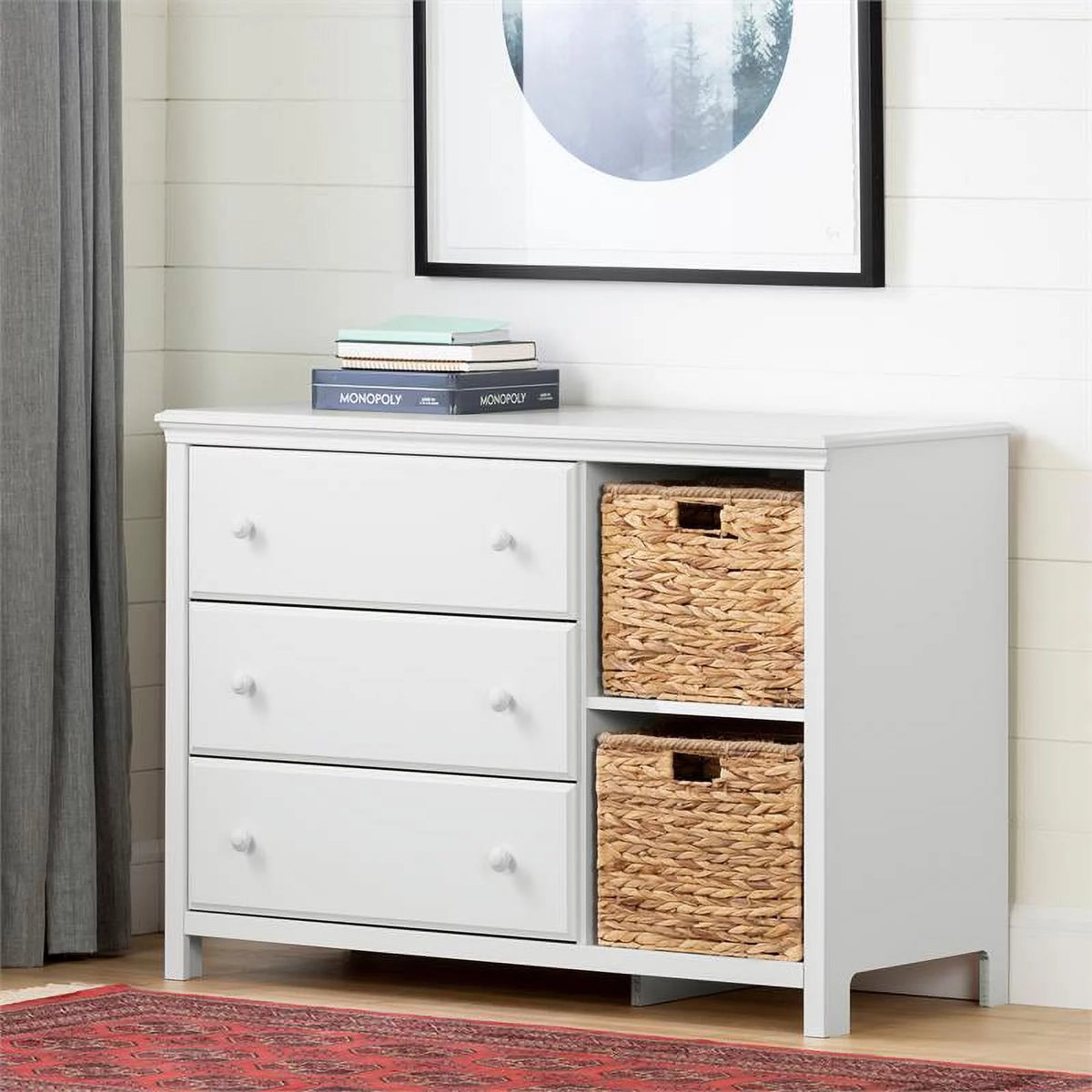 White 3 Drawer Wood Dresser with Basket N804