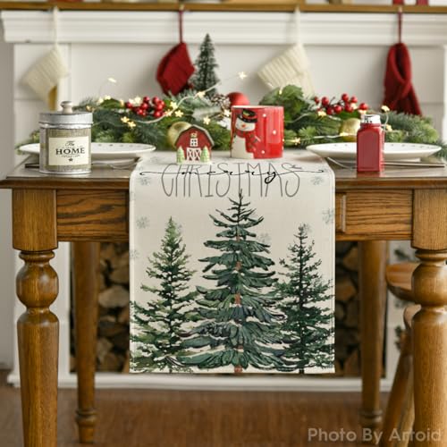 Beige Pine Tree Snowflake Merry Christmas Table Runner 13 x 72 Inch G268