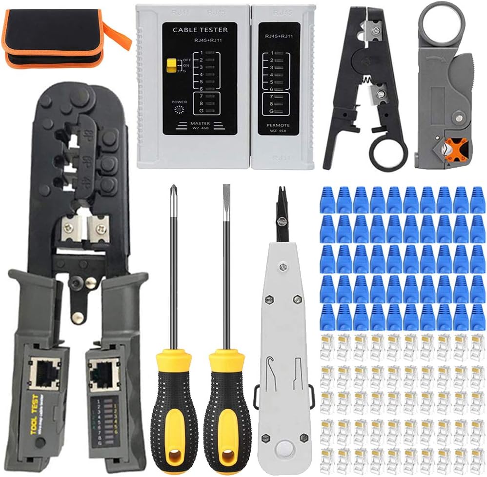 RJ45 Crimper Cat5/Cat5e/Cat6 Tool Set with 50PCS Connectors, 50PCS Covers Network Wire Stripper Kit (Dark) Pack of 2 X4505