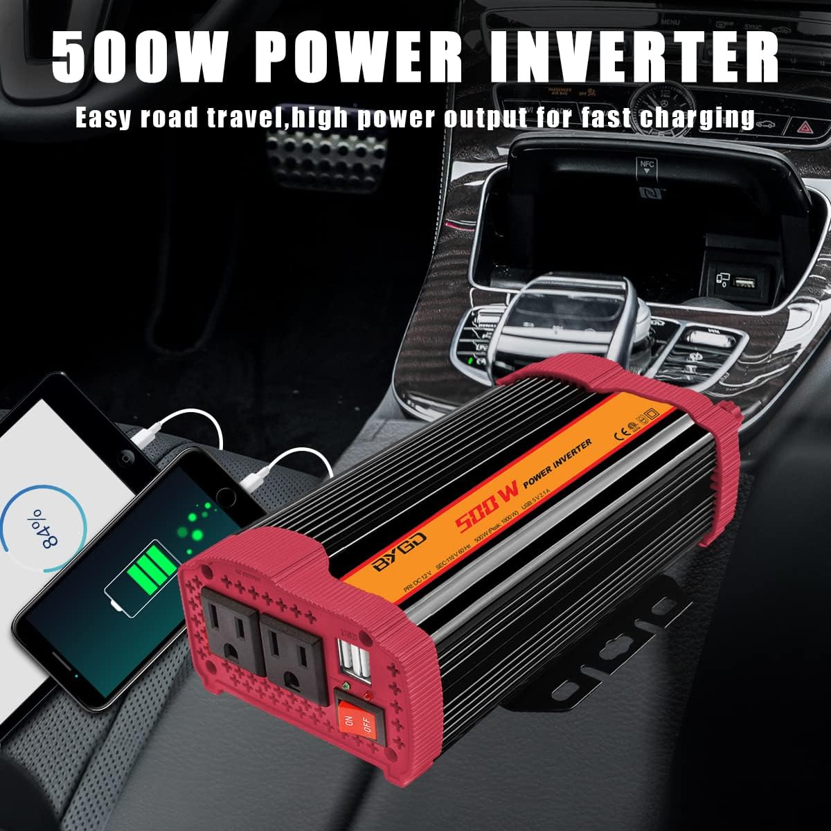 500W Power Inverter 12V to 110V DC to AC Converter, Black and Red, Pack of 2 R7512