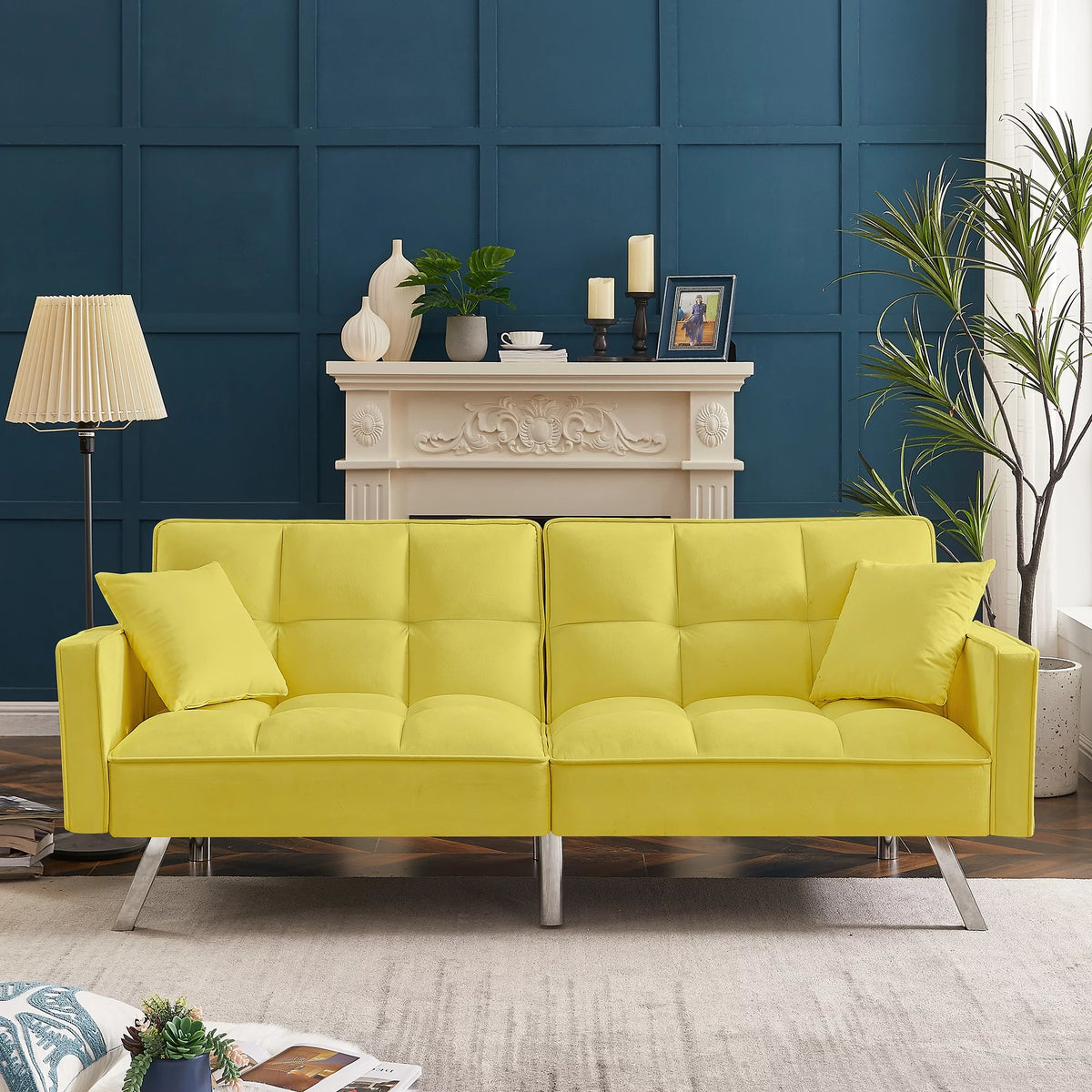Yellow Velvet Sofa Bed with Two Pillows P378678