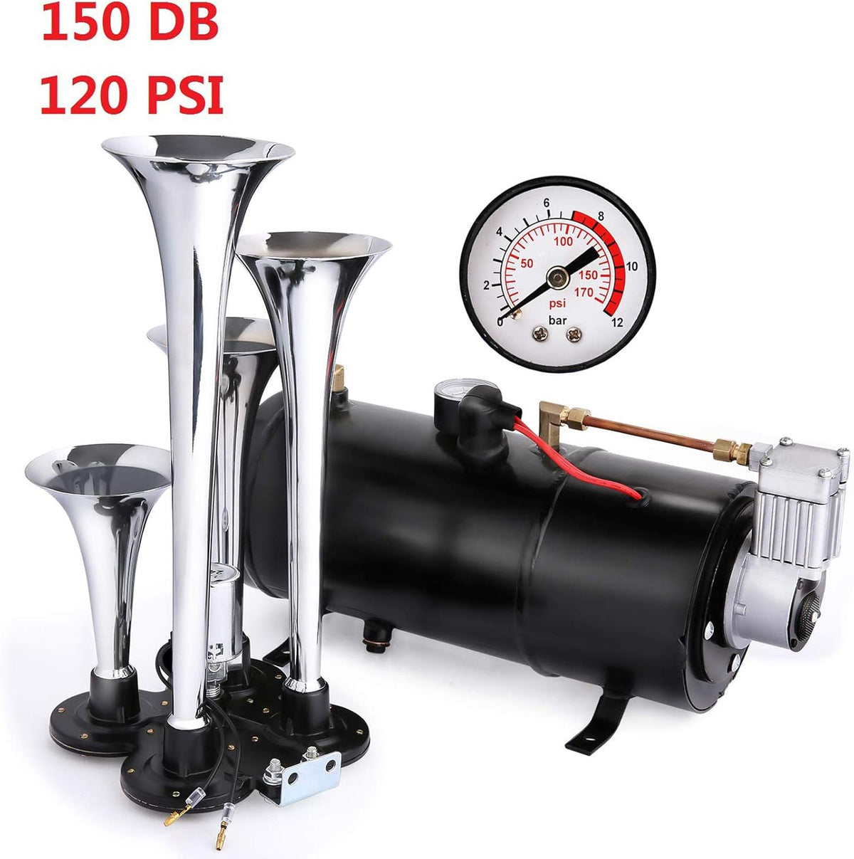150DB 4 Air Horn Train Horns Kit with 120 PSI 12V Compressor N82944