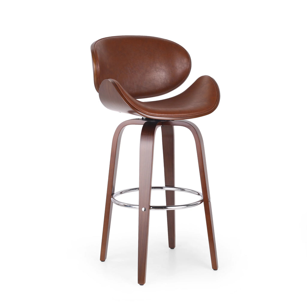 Cognac Brown Walnut Upholstered Swivel Barstool O230