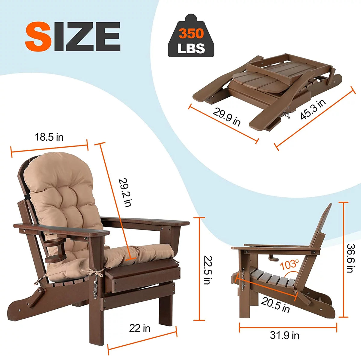 Oversized HDPE Plastic Folding Adirondack Chairs Set of 2 with Cushion I93188