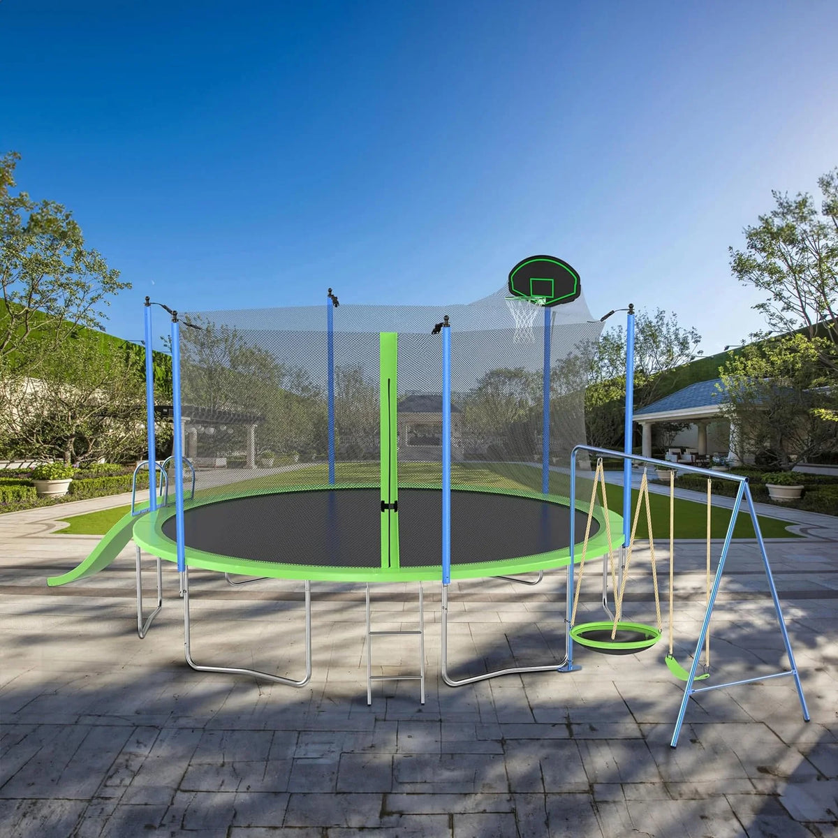 14FT Trampoline with Enclosure Slide Swing & Basketball Hoop A526426