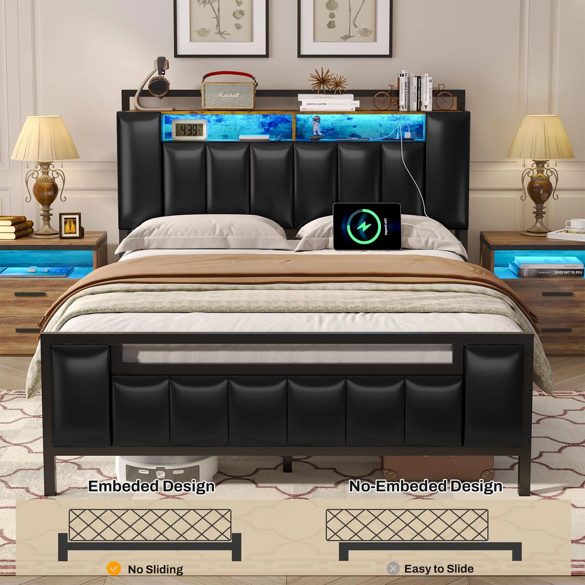 Queen Bed Frame with Storage Headboard and Led Light V121297