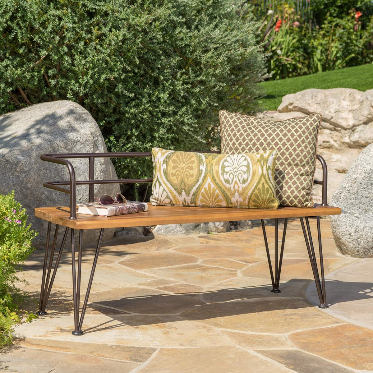Teak Finish Iron and Acacia Wood Bench G47567