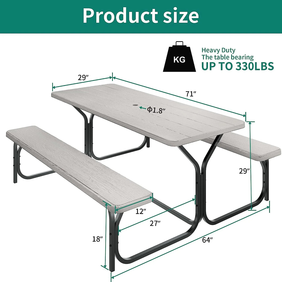 6 ft Picnic Table Bench Set with Umbrella Hole S690