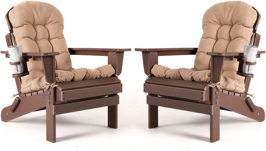 Oversized HDPE Plastic Folding Adirondack Chairs Set of 2 with Cushion I93188
