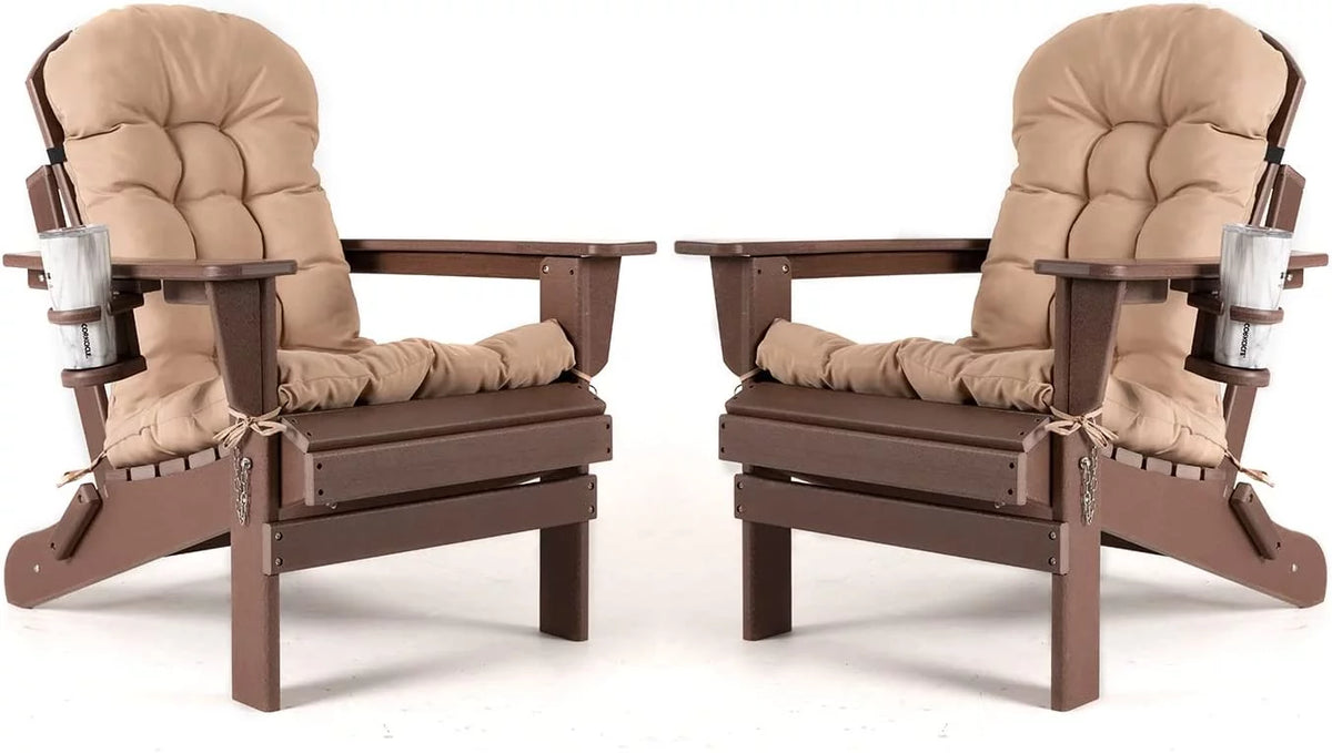 Oversized HDPE Plastic Folding Adirondack Chairs Set of 2 with Cushion I93188