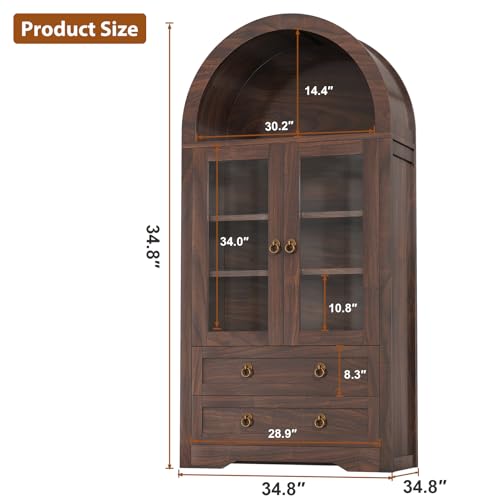 Brown Arched Bookshelf Pantry Storage Cabinet with Drawers Doors and Shelves Z837