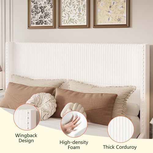 King Size White Corduroy Upholstered Platform Bed Frame with 4 Storage Drawers X574