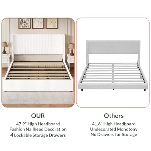 King Size White Corduroy Upholstered Platform Bed Frame with 4 Storage Drawers X574