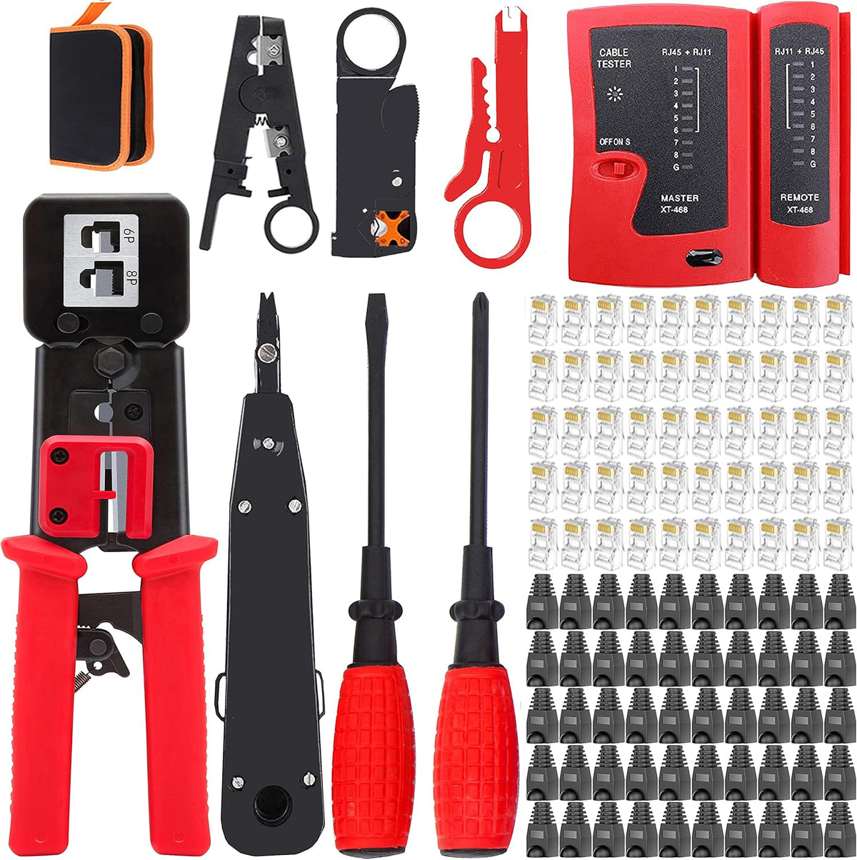 RJ45 Crimper Cat5/Cat5e/Cat6 Tool Set with 50PCS Connectors, 50PCS Covers Network Wire Stripper Kit (Dark) Pack of 2 X4505