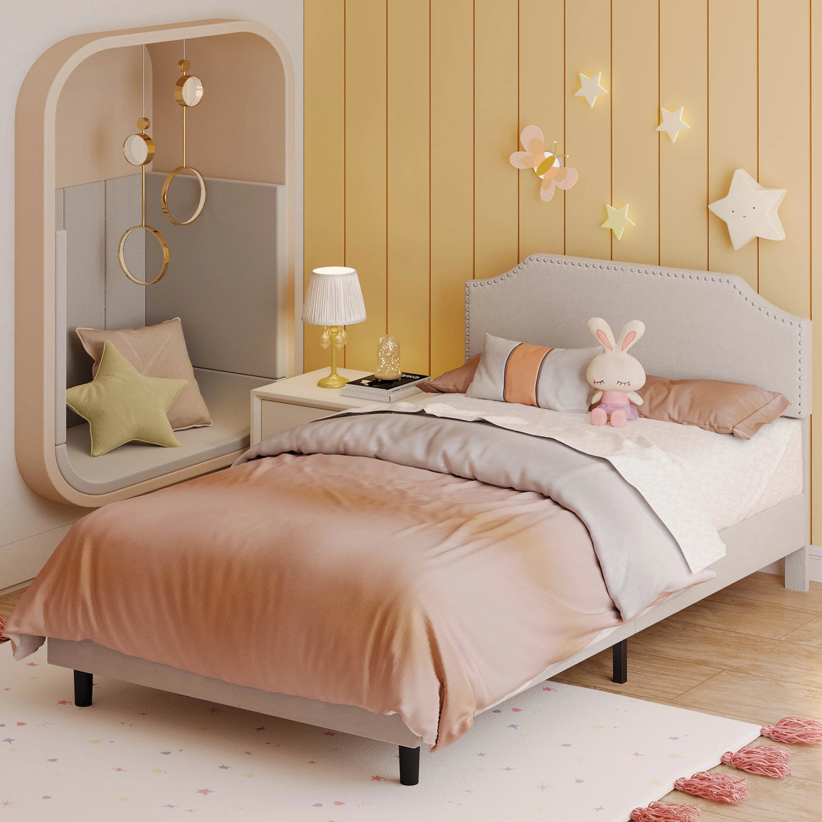Upholstered Twin Bed Frame with Adjustable Headboard G150