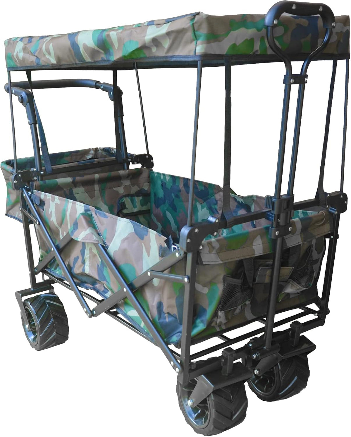 Collapsible Wagon Camping Garden Cart with Removable Canopy, Adjustable Push Handles and Brake (Camo) O1637