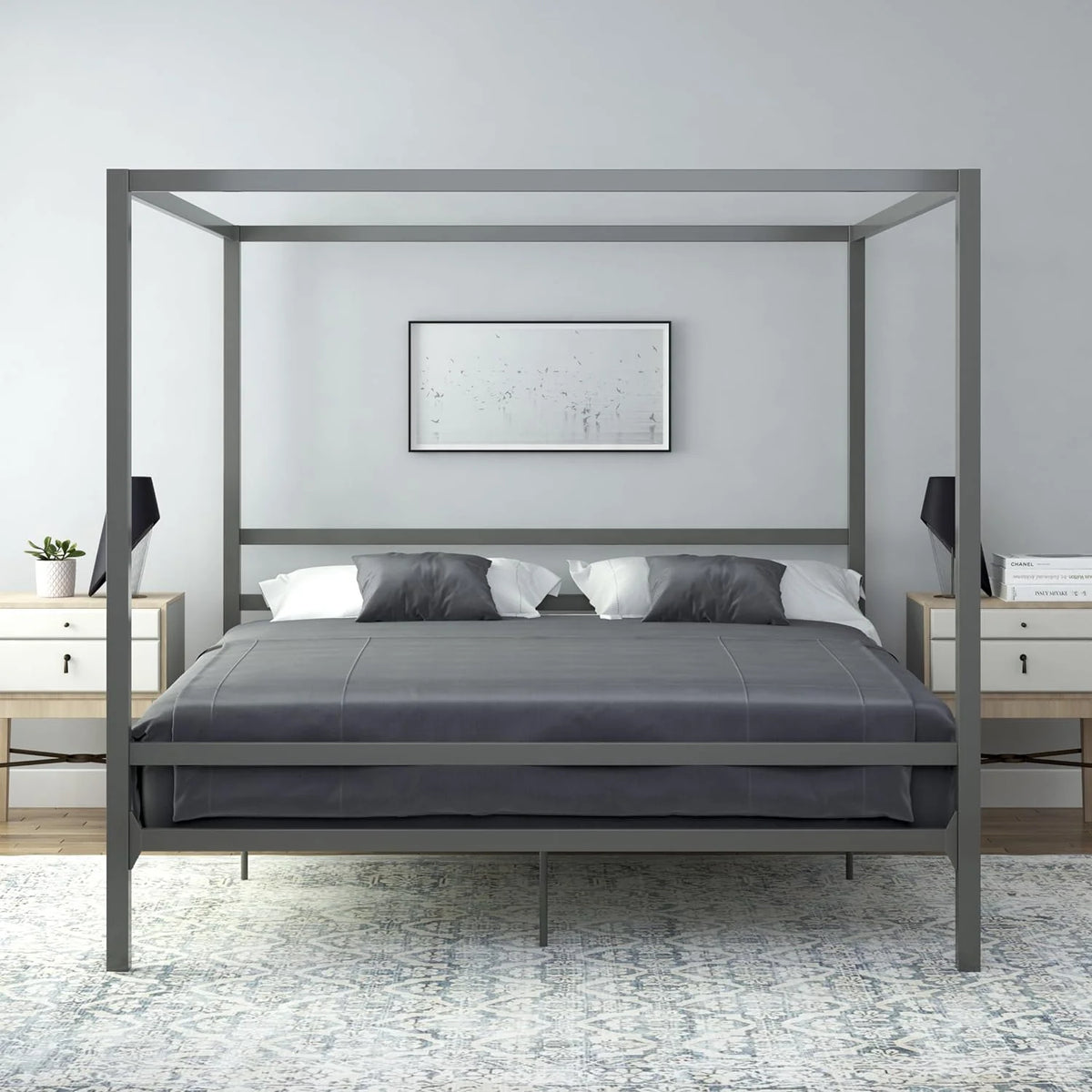 King Gunmetal Gray Metal Canopy Platform Bed with Underbed Storage Y77479