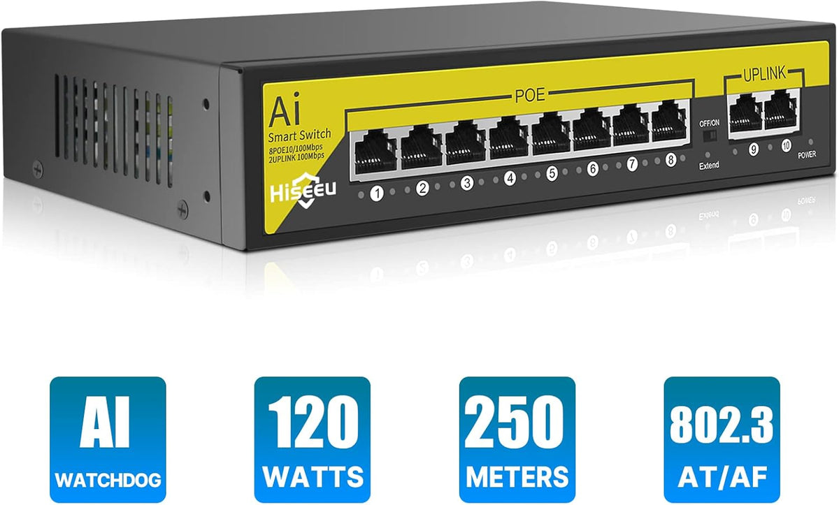 8 Port PoE Switch with 2 Ethernet Uplink Ports, 120 W, Metal Case K476791