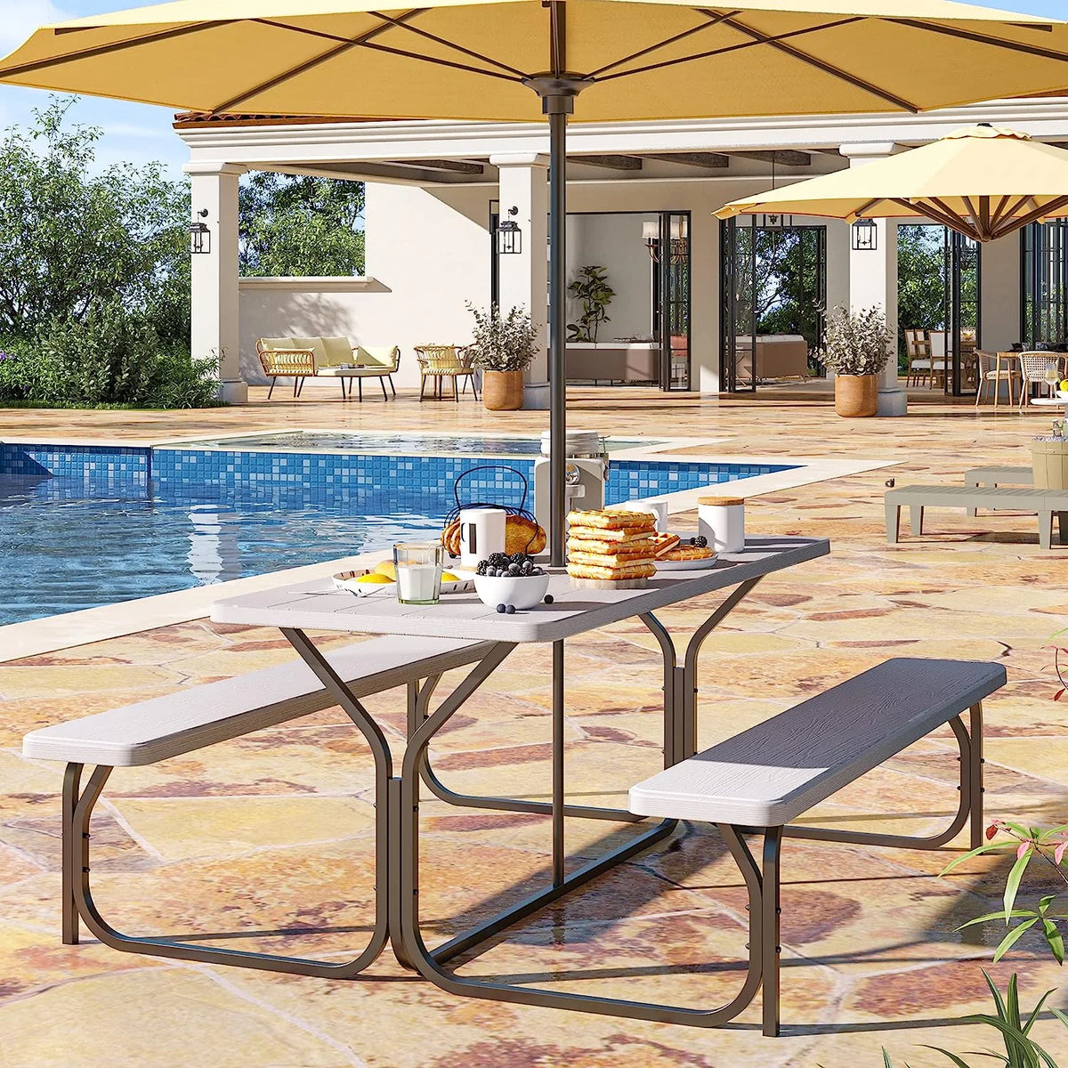 6 ft Picnic Table Bench Set with Umbrella Hole S690