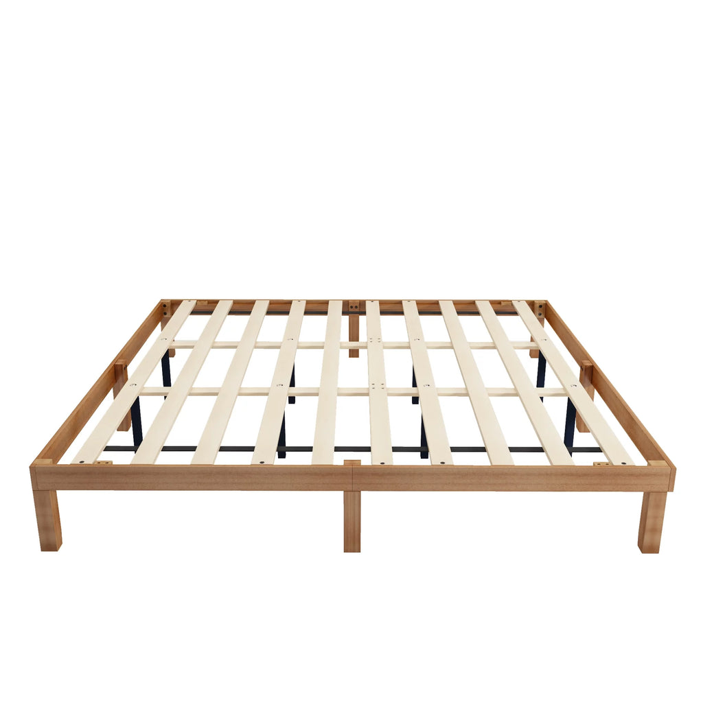 King Size Brown Wooden Platform Bed Frame with Wood Slat Support F67406