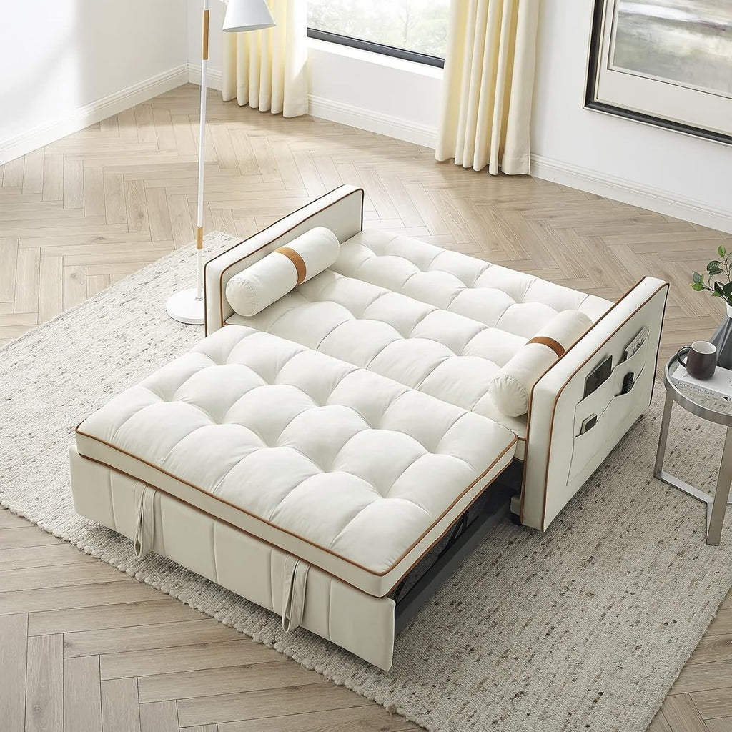 Beige 2 Seater Sleep Sofa Bed with Side Pockets A7617