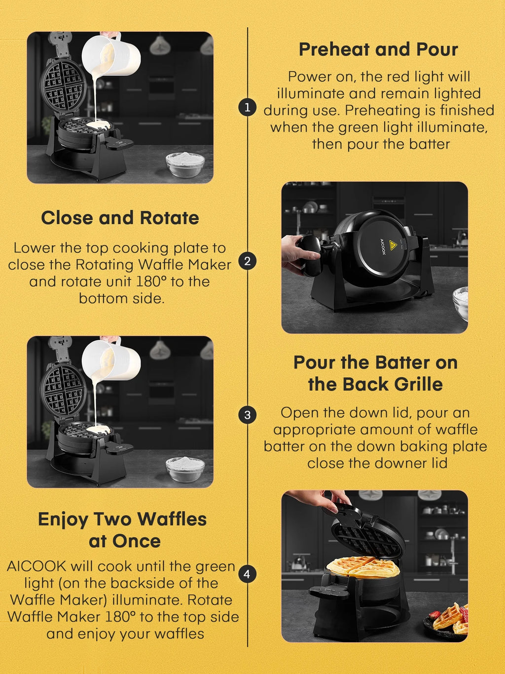 Double Belgian Waffle Maker 180° Flip 1400W Nonstick Black F527